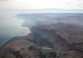Qumran and Dead Sea shore aerial from north